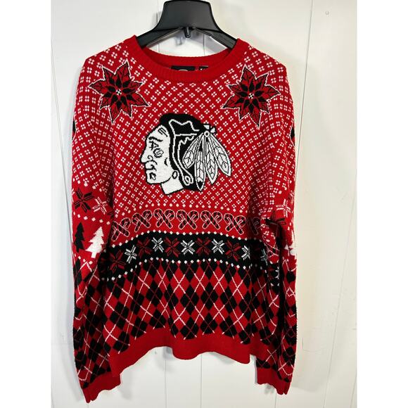 NHL Men's Chicago Blackhawks Holiday Ugly Sweater-Red/Black Size XL - Picture 1 of 4